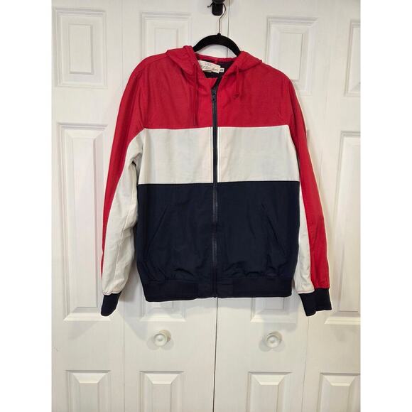H&M Label Of Graded Goods Men's Red White Blue Windbreaker Hooded Jacket Size XL - Picture 1 of 8